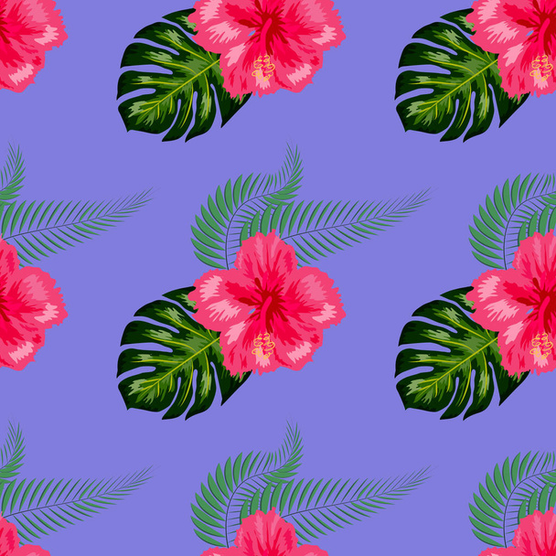tropische Hibiskusblüten und Palmblätter Sträuße nahtlose Muster - Vektor, Bild