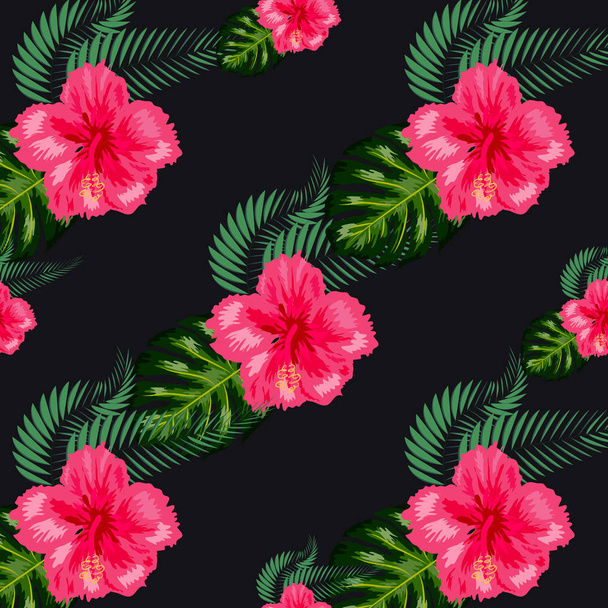 Tropical exotic flowers hibiscus, frangipani plumeria and palm, banana leaves composition. seamless pattern - Vector, Imagen