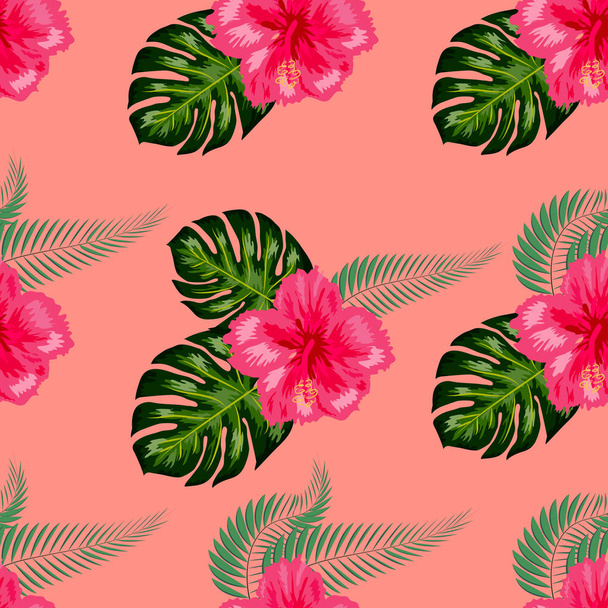 Flores tropicales exóticas hibisco, frangipani plumeria y palmera, composición de hojas de plátano. patrón sin costura
 - Vector, Imagen