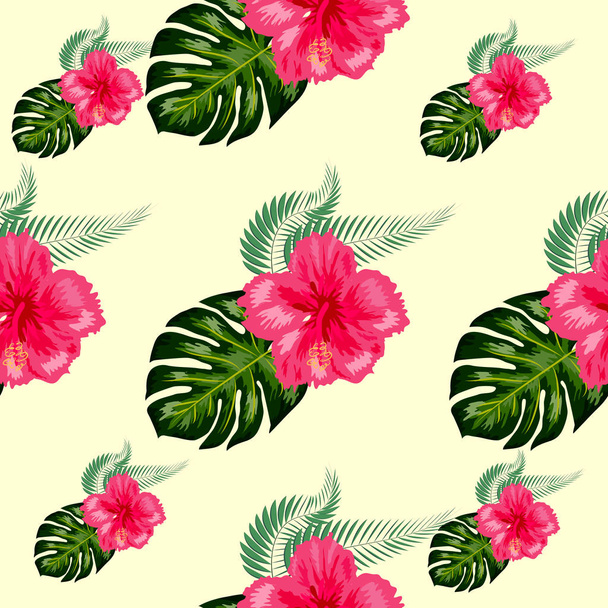 Bouquets de fleurs d'hibiscus tropicaux et de feuilles de palmier motif sans couture
 - Vecteur, image
