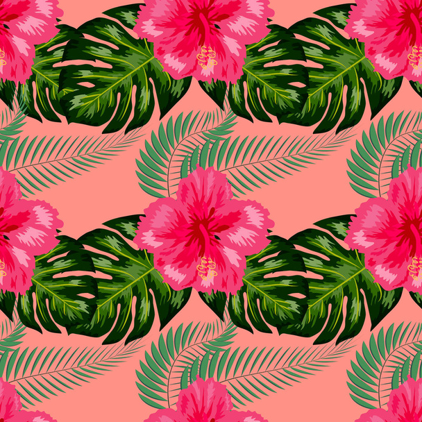 Tropical vintage hibiscus plumeria floral green leaves seamless pattern white background. Exotic wallpaper - Vector, Image