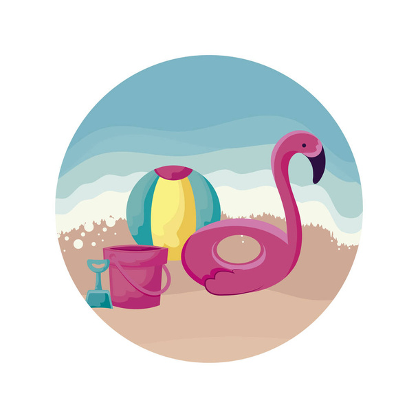 Επιπλέον φλαμανδικό με μπάλα και κουβά στην παραλία - Διάνυσμα, εικόνα