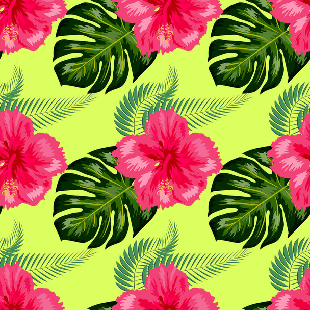 Tropical vintage hibiscus plumeria floral green leaves seamless pattern white background. Exotic wallpaper - Vector, Image