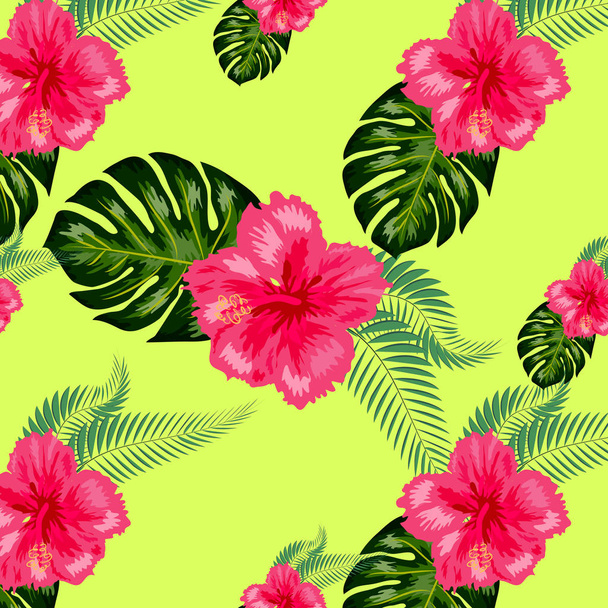 Tropical hibiscus flowers and palm leaves bouquets seamless pattern - Wektor, obraz