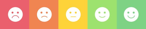 Vektor flache horizontale Feedback-Tracker. Weiß ausgeschnittene Emojis mit fünf Emotionen: unzufrieden, traurig, gleichgültig, froh, zufrieden. Element des UI-Designs zur Schätzung des Kundendienstes. - Vektor, Bild