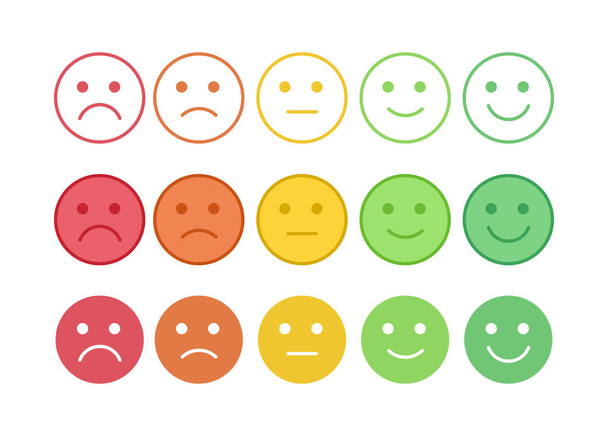 Vektor ikon meg a színes hangulatjelek különböző hangulatban. Mosolyok öt érzelmekkel: elégedetlen, szomorú, közömbös, boldog, elégedett. Eleme UI tervezés becslése ügyfél értékelése. - Vektor, kép