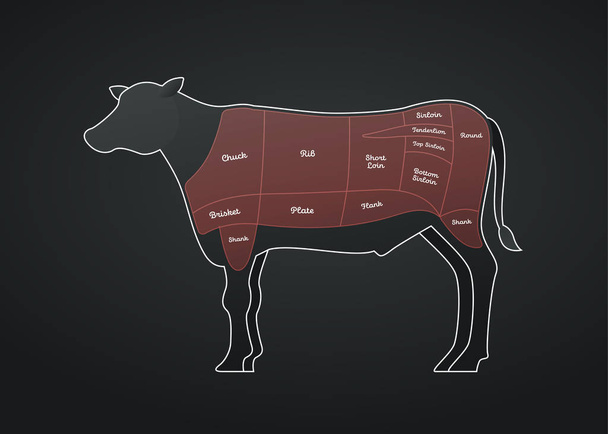 Vector marha steak diagram plakát. Amerikai hús vágás. Fehér modern stílusú tehén sziluettje Markup. Piros befest öv éles megvilágításba hozó és szöveg. Design a kávézó menü, dekoráció, hentes rajz plakát. - Vektor, kép