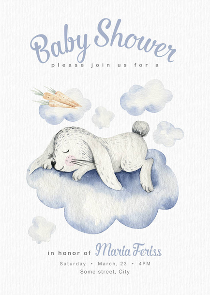 Cute dreaming cartoon rabbit animal hand drawn watercolor bunny illustration. kids nursery wear fashion design, baby shower invitation card. - Foto, Imagem