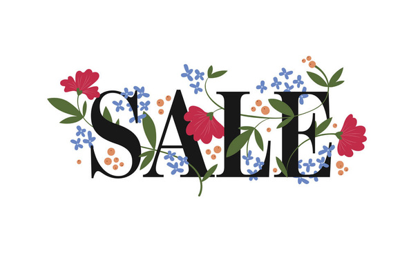 白に隔離された植物を持つベクトル販売バナー。かわいいカラフルなフラットな赤と青の花と葉。夏と春のイベント、店舗、ソーシャルネットワークのための広告デザインポスター. - ベクター画像