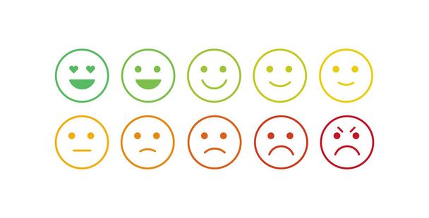 Vector icon set for mood tracker. Ten scale of silhouette emotion smiles from angry to happy isolated on white background. Emoticon element of UI design for client service rating, feedback survey - Vector, Image