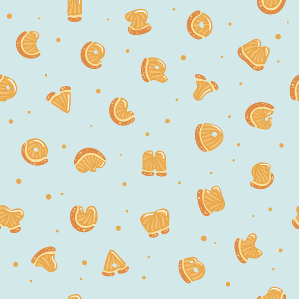 Seamless pattern with cute citrus letters. Cartoon alphabet carved from slices of orange with white highlights isolated on blue-green background. Citrus fruit summer font for children. - Vektor, kép