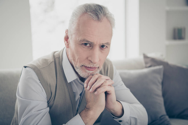 Close up photo amazing he him his aged man silent hands arms together calm peaceful bossy chief look wear white shirt waistcoat pants sit cozy comfort divan bright flat house living room indoors - Fotoğraf, Görsel