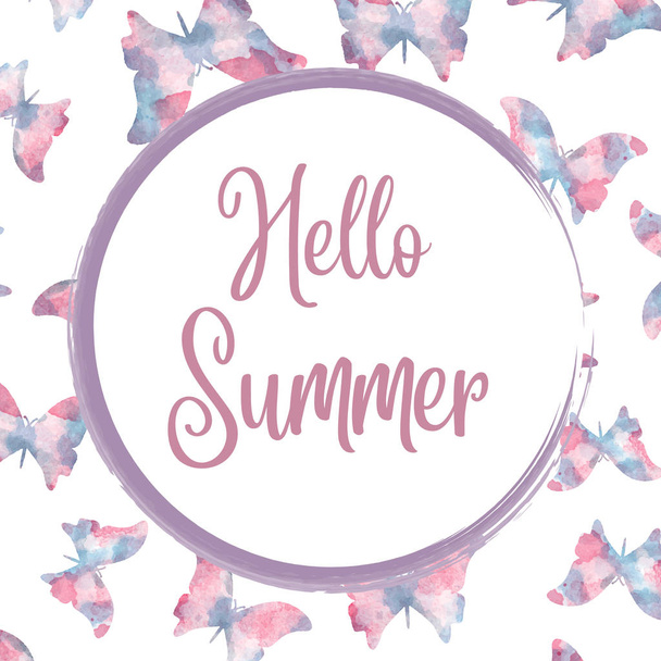 Hello summer. Watercolor banner with butterflies - Vektör, Görsel