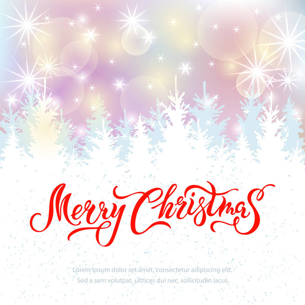 Merry Christmas card with fir-trees and glowing lights. Handwritten lettering Merry Christmas. Place for text. Vector illustration for winter holiday, invitation, greeting card, poster, web, banner. - Vektor, kép