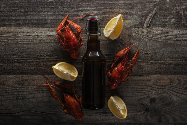 top view of red lobsters, lemon slices, bottle with beer on wooden surface - Foto, Bild