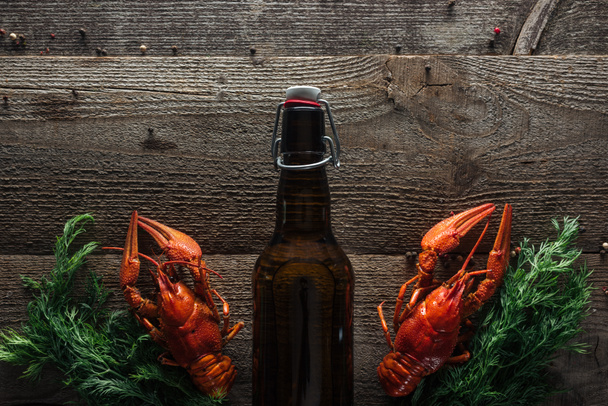 top view of red lobsters, dill and bottle with beer on wooden surface - Fotó, kép
