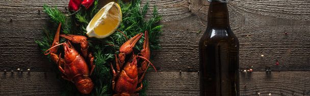 tiro panorâmico de lagostas vermelhas, fatias de limão, endro e garrafa de vidro com cerveja na superfície de madeira
 - Foto, Imagem