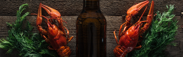 panoramische foto van rode kreeften, dille en glazen fles met bier op houten oppervlak - Foto, afbeelding