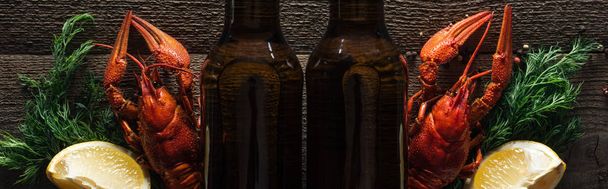 панорамный снимок красных омаров, ломтиков лимона, укропа и стеклянных бутылок с пивом на деревянной поверхности
 - Фото, изображение