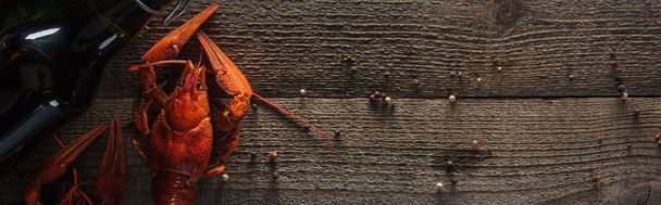 tiro panorâmico de lagostas vermelhas e garrafa de vidro com cerveja na superfície de madeira
 - Foto, Imagem