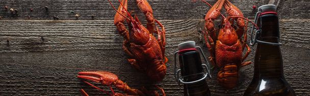 panoramic shot of red lobsters and glass bottle on wooden surface - Photo, Image