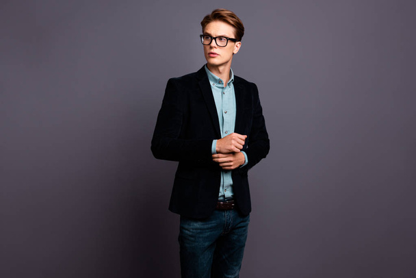 Close up photo amazing he him his guy macho specs eyewear perfect appearance hairstyle look side empty space fingers arm hand button up formal-wear shirt velvet jacket isolated grey background - Fotoğraf, Görsel