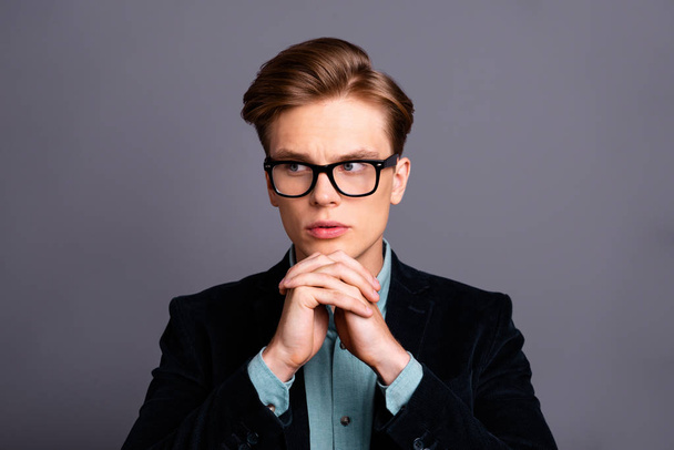 Close up photo amazing he him his guy macho specs perfect ideal appearance hairstyle reliable business person fingers together wondered formal-wear shirt velvet jacket isolated grey background - Photo, Image