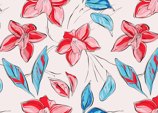 Botanical summer orchid red blue print. Vector art. Repetiotion design with big tender sketch flowers and blue leaves, tropical decor. Hawaii paradise background - Vektori, kuva