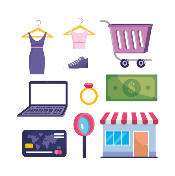 set of laptop technology with clothes and market sale with credit card and bill - Vector, Image