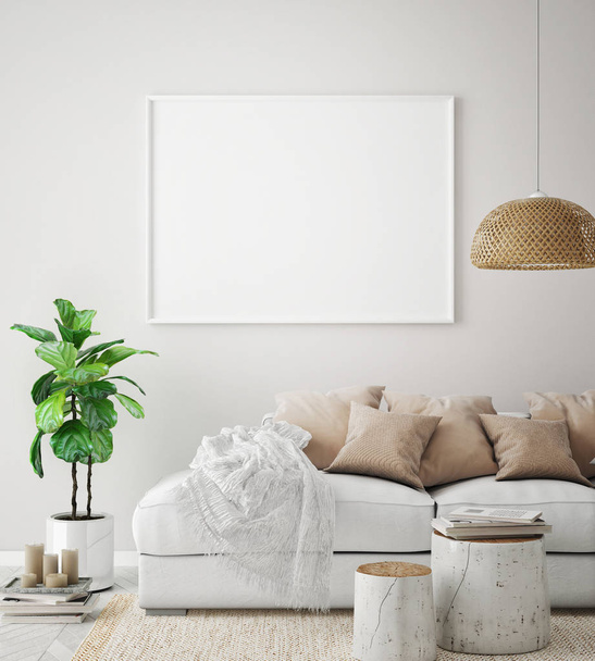 mock up poster frame in modern interior background, living room, Scandinavian style, 3D render, 3D illustration - Photo, Image