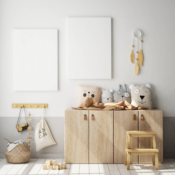 marco del cartel de la maqueta para arriba en dormitorio de los niños, fondo interior del estilo escandinavo, representación 3D, ilustración 3D
 - Foto, Imagen