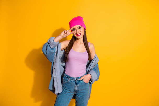 Portrait of attractive confident lovely teen teenager youth make v-signs have weekend feel she content candid model wear fashionable clothes isolated yellow vibrant background - Zdjęcie, obraz