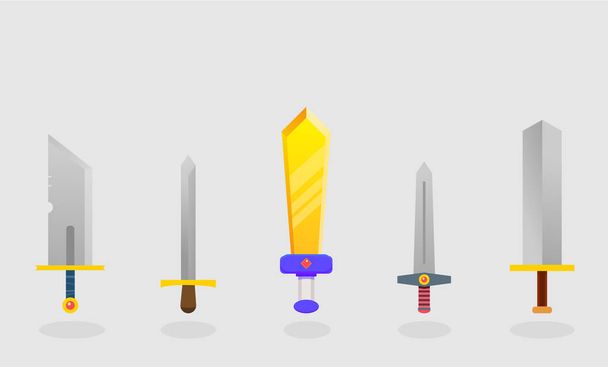 Набор золотых и стальных мечей. Мультфильм плоского стиля на сером фоне для иконок, видеоигр, веб-дизайна
 - Фото, изображение