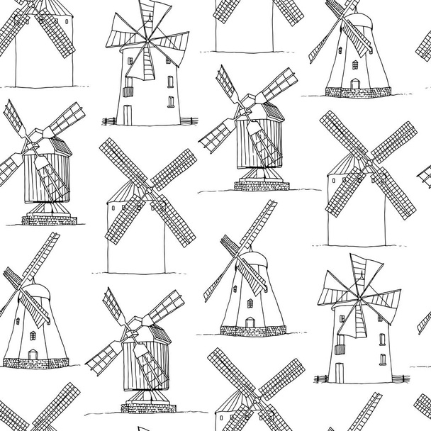 Windmills vector silhouettes seamless pattern, hand drawn mills vintage white background - Vecteur, image