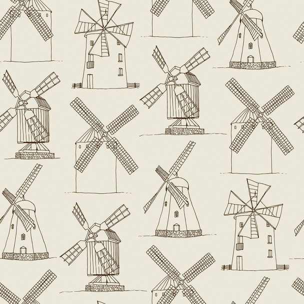 Windmills vector silhouettes seamless pattern, hand drawn mills vintage background - Vecteur, image