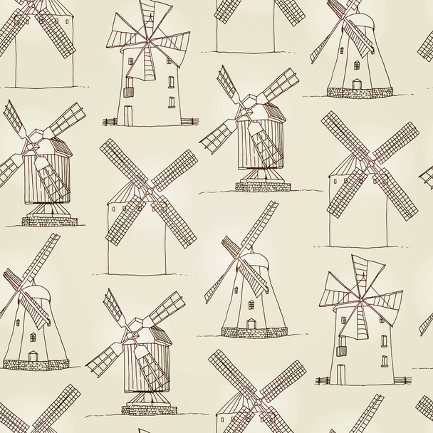 Windmills vector silhouettes seamless pattern, hand drawn mills vintage background - Vektor, obrázek