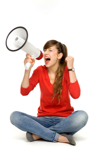Teenage girl shouting through megaphone - Fotoğraf, Görsel