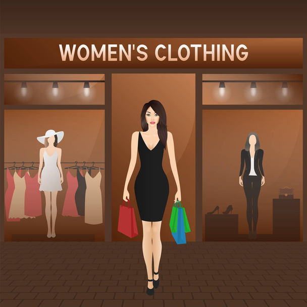 A nő, a lány a vásárlás jön ki a boltból. Női bevásárlás. Gyönyörű, stílusos nő és ruhaüzlet, butik. Vektor ruházati bolt. Vektoros illusztráció - Vektor, kép