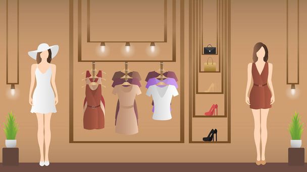Vectorin vaatekauppa. Vaatekaappi ja mallinukke naisten vaatteita. Naisten vaatekauppa. Naistentarvikkeita henkareilla. Vektoriesimerkki
 - Vektori, kuva