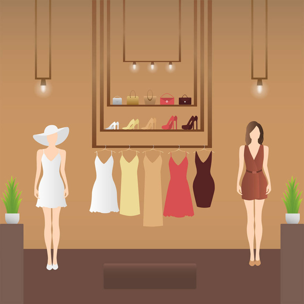 Vector kledingwinkel. Garderobe en mannequin met vrouw kleren. Dameskleding winkel. Vrouwen spullen op hangers. Vector illustratie - Vector, afbeelding