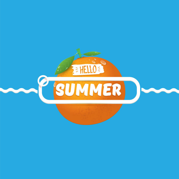 Vector Hello Summer label or flyer Design template with fresh orange fruit isolated on blue background. Hello summer concept label or poster with fruit and letternig text - Вектор, зображення