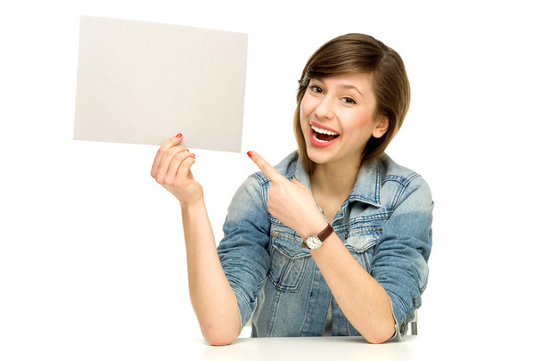 Young woman with blank poster - Foto, Imagem