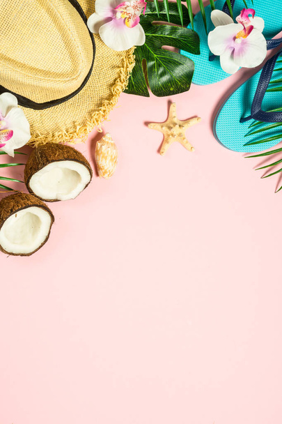 Summer flat lay background. on pink - Photo, image