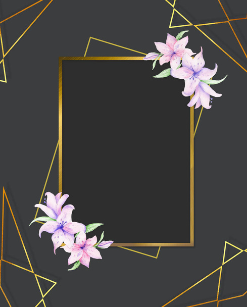 Gold square frame, golden border, framework, banner, metal glowing thin lines. Geometric shape forms. Horizontal frame for wedding and invite card, pink flowers and black background - Photo, image