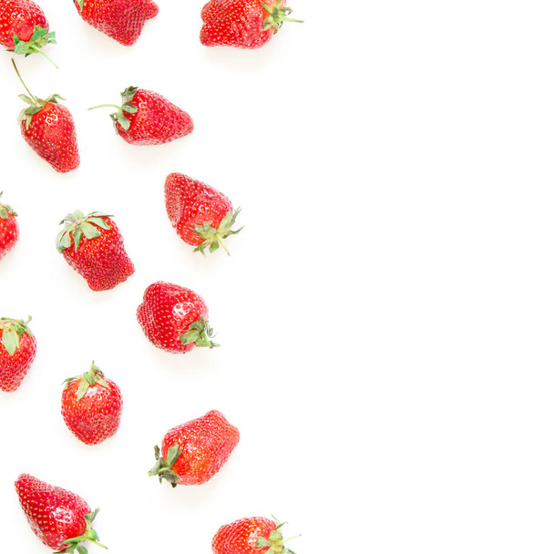 Creative fresh strawberries pattern background with copy space. Food concept.  Top view. - Image. - Photo, Image