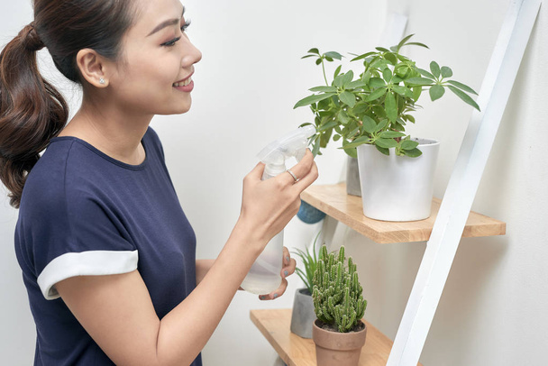 jeune attrayant asiatique femme qui donne de l'eau à une plante
 - Photo, image