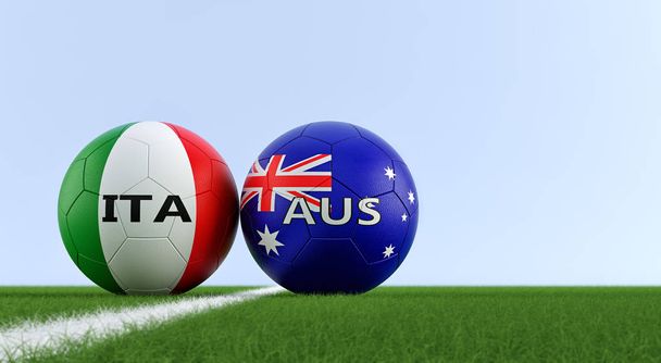Olaszország vs Ausztrália Soccer Match-foci labdák Olaszországban és Ausztráliában nemzeti színeket a focipályán. Másolás tér a jobb oldalon-3D renderelés  - Fotó, kép