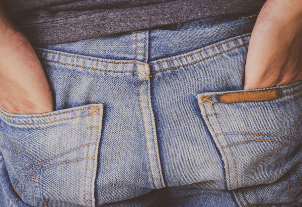 close up, back view of person wearing denim jeans, buttocks  - Фото, изображение