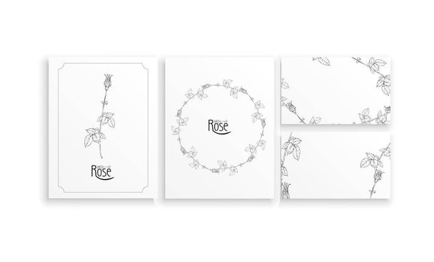 juego de tarjetas y tarjetas de visita con arreglos florales gráficos con flores de rosas - Vector, imagen