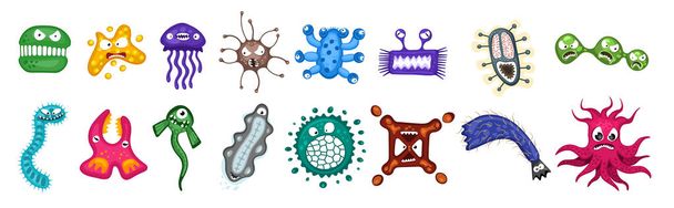 Microorganism virus vector cartoon bacteria germ emoticon character set. Bacterial ilness infection microbiology illustration. Microbe organism emotions isolated on white background - Вектор,изображение